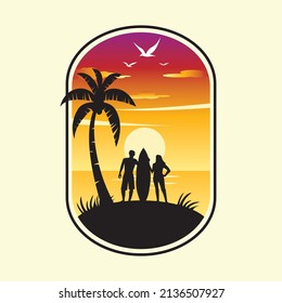 surfers on sunset beach Vector, nature Ilustration..
