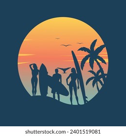 surfers on sunset beach Vector, nature Ilustration.