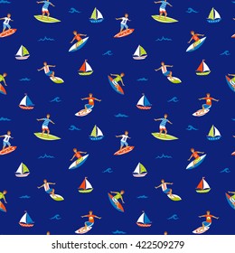 Surfers on surfboards sea seamless pattern. Vector