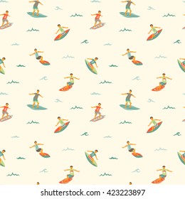 Surfers on surfboards in sea waves vintage seamless pattern on white background. Vector