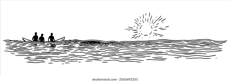 surfers on waves with sunset over the ocean illustration