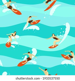 Surfers on the waves. Turquoise ocean, silhouettes of surfers on boards, waves, splashes, summer. Seamless Pattern. 