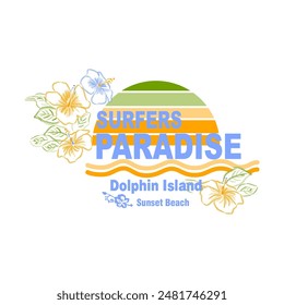 Surfers Paradise Dolphin Island Sunset beach, wave flower, Graphic design print t-shirts fashion, illustration, vector, posters, cards, stickers, mug