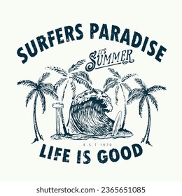 surfers paradise vintage typography summer beach prints for vector,  summer beach sunshine vector print design artwork, take me to the sunshine, Beach Paradise Print T-shirt Graphics Design, typograph