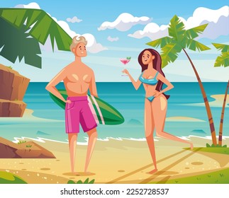 Surfers people man woman characters surfing on sea wave. Beach activity vacation concept. Vector cartoon graphic design element illustration
