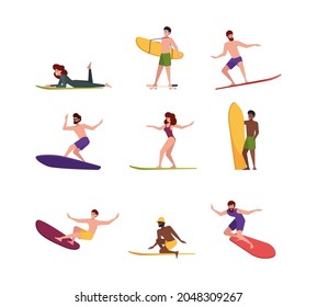 Surfers persons. Extreme action sport activity people surfing on board on big ocean waves garish vector flat illustrations