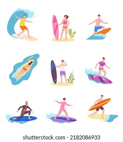 Surfers ride in sea. Surfer on surfboard riding ocean wave, australia swell water sporting travel happy man swim board surfing california beach activity vacation vector. Illustration of surfer