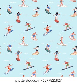 Surfers seamless pattern. Happy people surf waves on boards trendy print, extreme marine hobby, cartoon athletes catch wave, Decor textile, wrapping paper, wallpaper. Nowaday vector background