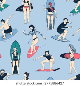 Surfers seamless pattern vector illustration. Happy active people sport. Summer beach characters