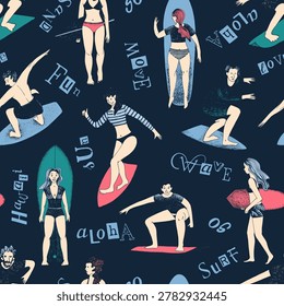 Surfers seamless pattern vector illustration. Happy active people sport. Summer beach characters