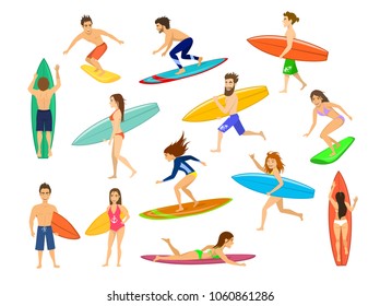 surfers set. men and women surfing, riding waves, stand , walk, run, swim with surfboards, top and side front view