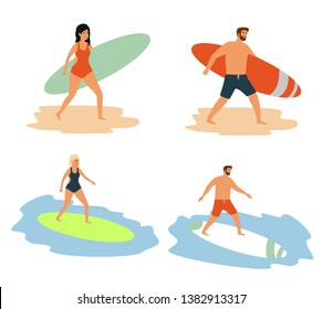 Surfers set. men and women surfing, riding waves, stand , walk, swim with surfboards. Flat style set of man and woman surfers silhouettes with wave. Isolated on white background. 