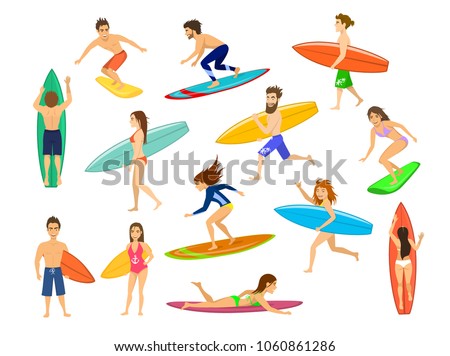 surfers set. men and women surfing, riding waves, stand , walk, run, swim with surfboards, top and side front view