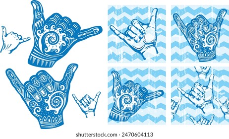 Surfers Shaka Hang Loose Hand Signal and Seamless patterns