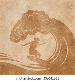 surfer's silhouette on old paper