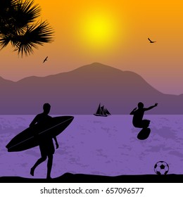 Surfers silhouette on tropical sunset, vector illustration