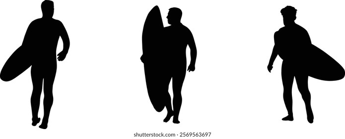 Surfers silhouettes with boards, ready for the waves. Vector illustration, perfect for summer designs.