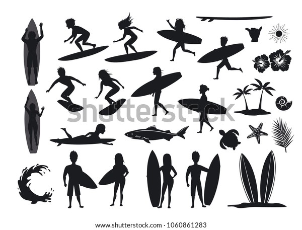 シルエットセットを選択します 男性と女性のサーフィン 乗馬波 スタンド 歩く 走る サーフボード シンボルデザインデコレーション ヤシの木 葉 亀 サメ 手 ハイビスカス 波 サンベクター画像 のベクター画像素材 ロイヤリティフリー