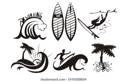 Surfers Silhouettes Set, Young Man and Woman Riding Waves with Surfboards, Summer Extreme Water Sport Elements Vector Illustration