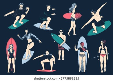 Surfers sketched vector characters illustration. Happy active people sport. Summer beach artwork