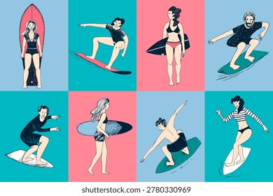Surfers sketched vector characters illustration. Happy active people sport. Summer beach artwork
