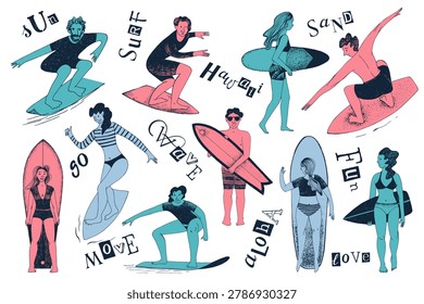 Surfers sketched vector characters illustration. Happy active people sport. Summer beach artwork