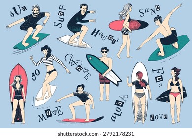 Surfers sketched vector characters illustration. Happy active people sport. Summer beach artwork