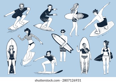 Surfers sketched vector characters illustration