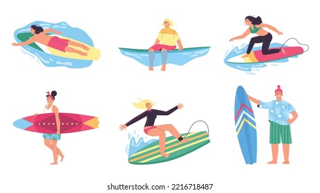 Surfers stand on a surfboard and ride a wave collection of characters. People in swimwear surfing in sea, flat vector illustration isolated on white background.