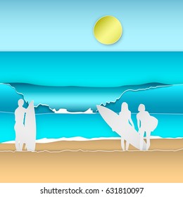 Surfers standing on the beach and looking into the distance to the waves. In the style of paper art cut