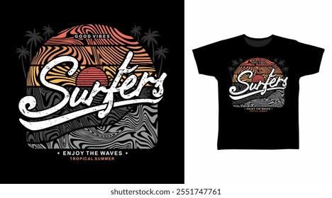 Surfistas Sunset Typography com Line Art Mão desenhado vetor Tshirt Design.