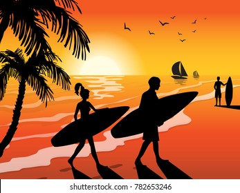  Surfers with surfboards  on sunset beach sailboat  birds and palm tree background vector illustration