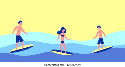 Surfers with surfboards. Surfing camp - active trip. Ocean, waves, sun and sea