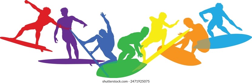 Surfers Surfing on their Surf Boards Silhouette set. Active sports people healthy players fitness silhouettes concept.