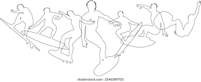 Surfers Surfing on their Surf Boards Silhouette set. Active sports people healthy players fitness silhouettes concept.