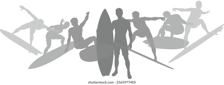 Surfers Surfing on their Surf Boards Silhouette set. Active sports people healthy players fitness silhouettes concept.