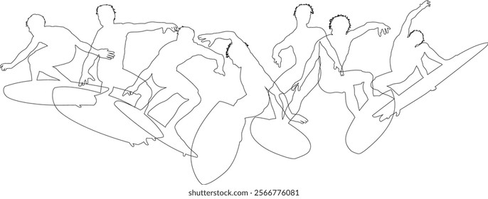 Surfers Surfing on their Surf Boards Silhouette set. Active sports people healthy players fitness silhouettes concept.