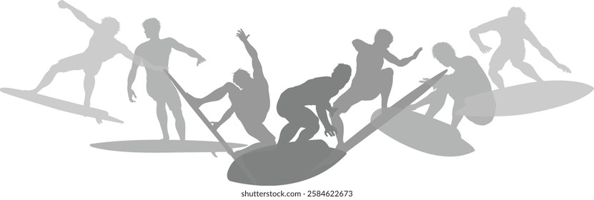 Surfers Surfing on their Surf Boards Silhouette set. Active sports people healthy players fitness silhouettes concept.