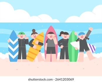 Surfers taking a group photo wearing surfing clothes and holding surfboards in the sea.