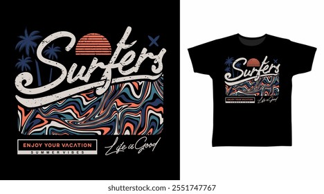 Surfistas Tipografia com Line Art Mão desenhado vetor Tshirt Design.