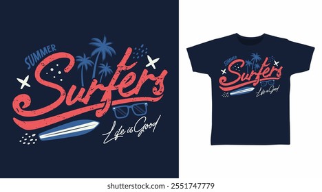 Surfistas Tipografia com linha arte mão desenhado vetor Tshirt Design