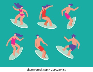 Surfers. Vector flat illustration. Healthy people lifestyle