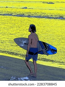 Surfers walk on the beach to surf, digital painting, digital illustration