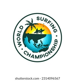 Surfers watching the sunset on an island with a world map silhouette for t shirt print or embroidery.