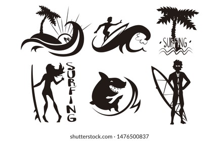 Surfers, Waves, Palms Silhouettes Set, Man and Woman Riding Waves with Surfboards, Summer Extreme Water Sport Elements Vector Illustration