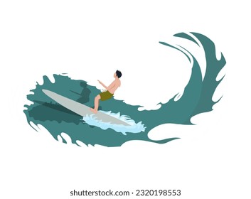 A surfers who are reacting with surfboard, above the waves of the sea, with a white background
