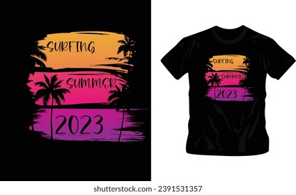 surfing 2023 stylish t-shirt and apparel trendy design with palm trees silhouettes, typography, print, vector illustration. Global swatches.