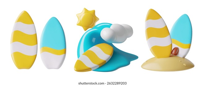 Surfing 3d icons set. Surfboards in sand, ocean wave and sun, blue and yellow boards vector illustrations. Summer water sports cute emoji. 