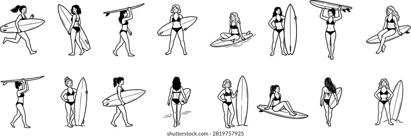 Surfing actions collection featuring a female surfer performing various maneuvers and preparations in the ocean, illustrating the sport's different stages.