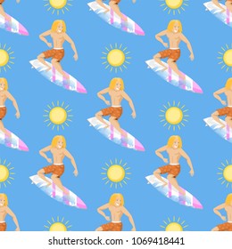 Surfing active water sport seamless pattern background surfer summer time beach activities man windsurfing jet water wakeboarding kitesurfing vector illustration.
